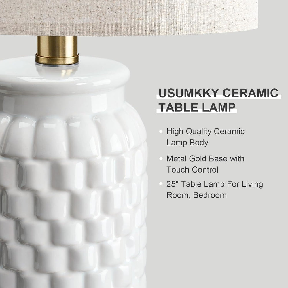USumkky 25'' Touch Table Lamp for Nightstand White Ceramic -3 Way Dim...