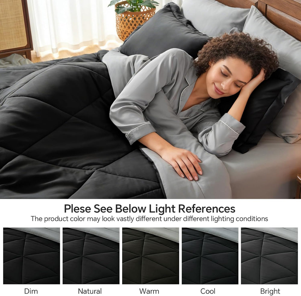 BEDELITE King Comforter Set 7 Pieces, Reversible Black Bed in A Bag