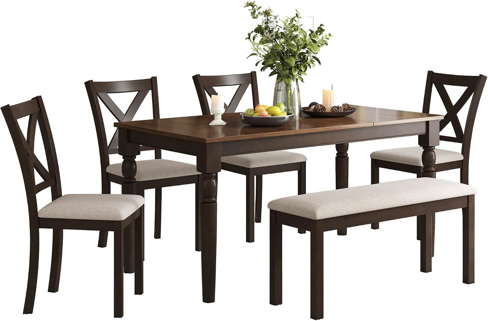 AMERLIFE 6 Piece Farmhouse Dining Set with 60" Solid Wood Table, Brown