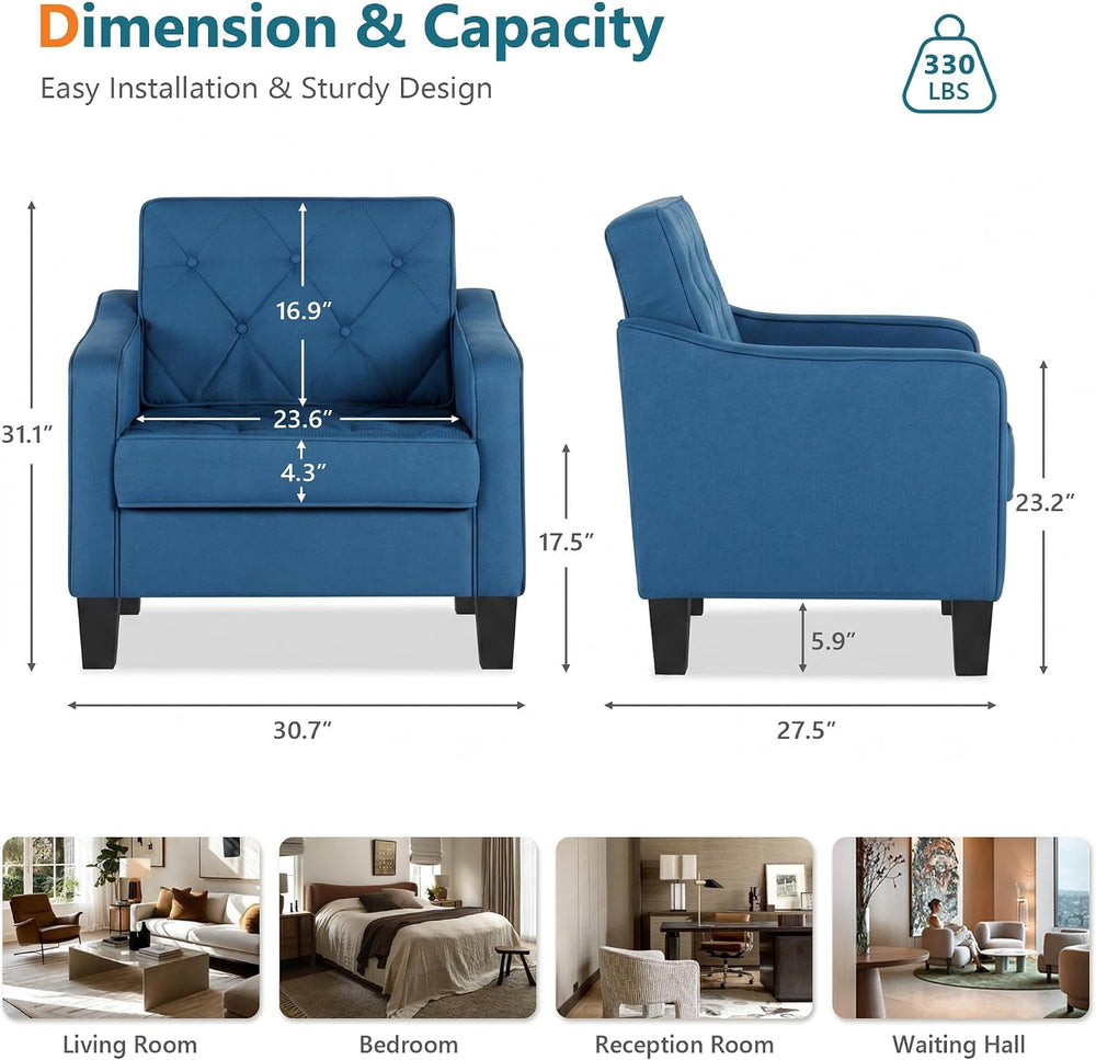 Blue Accent Chairs set 2, Wide Comfy Arm Chair Living Room, Bedroom, Office