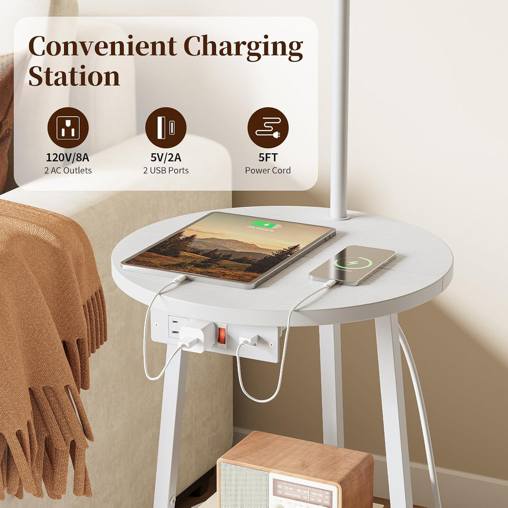 Yoobure Floor Lamp with Table - Round Night Stand with Charging Station