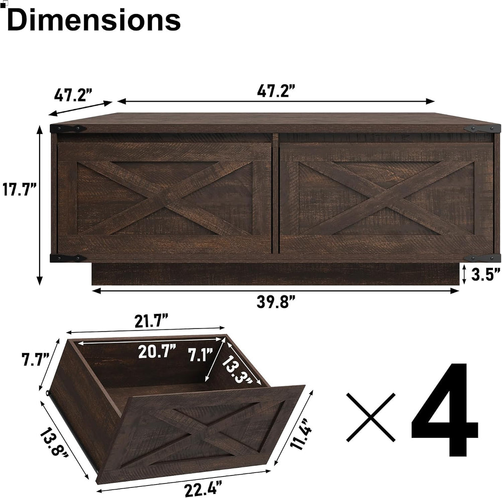 St.Mandyu 47” Farmhouse Square Coffee Table with 4 Drawers Extra Large Coffee...