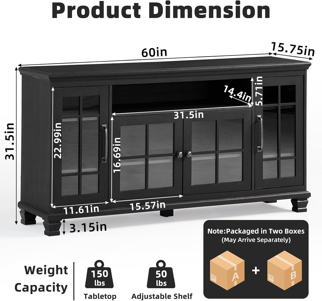 SAVOR LIFE 60-Inch Sideboard Buffet with Glass Doors,Black