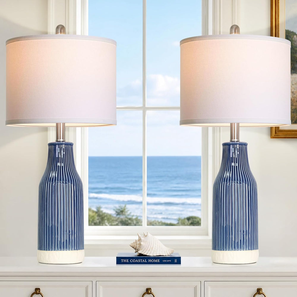 24.5" Blue Ceramic Table Lamps Set of 2 for Bedroom, Modern Table Lamps ...