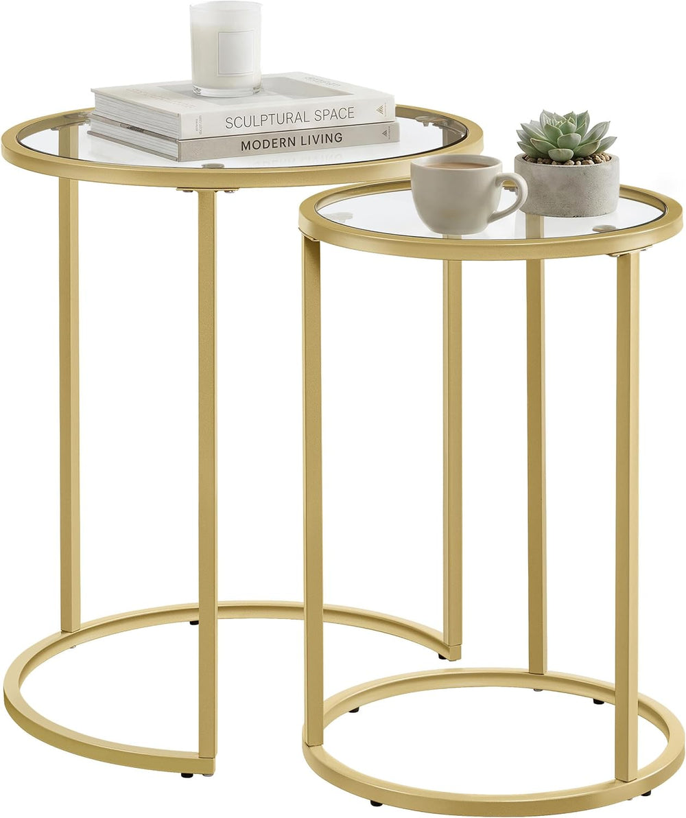 Yaheetech Round Nesting Side Table Set of 2, Gold Metal Frame and Glass Top