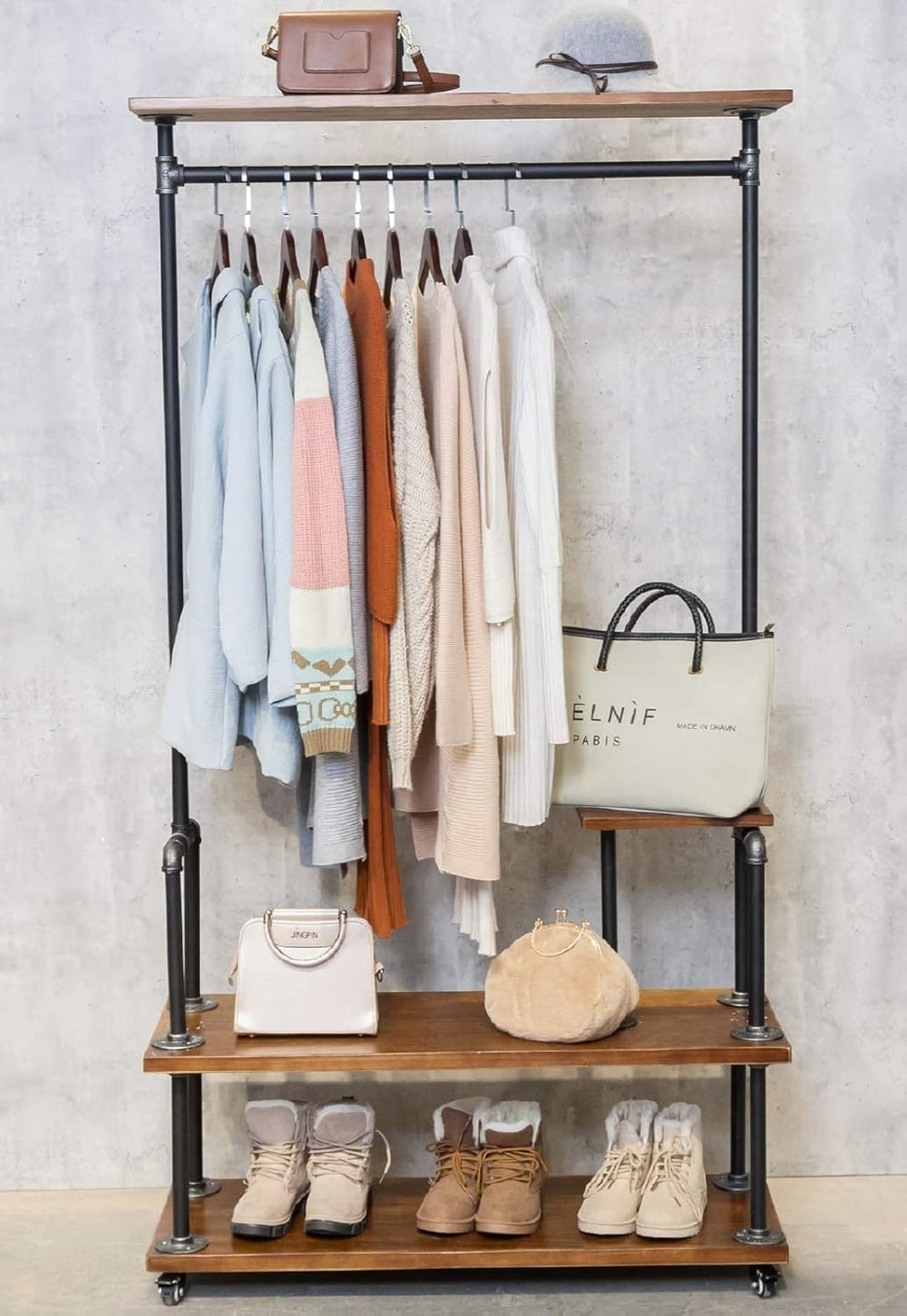 Industrial Pipe Clothing Rack, Rolling Clothes Rack, Wood Garment Rack