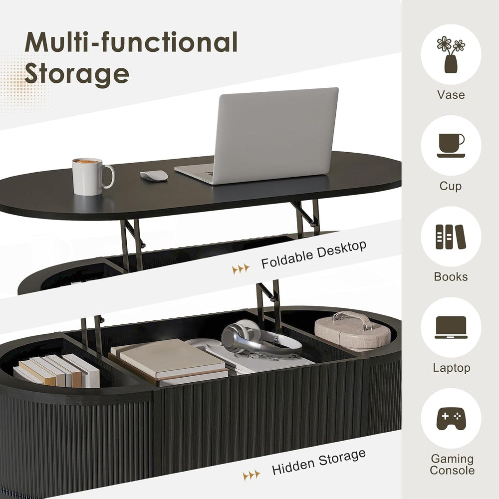 LYNCOHOME 43.3" Black Coffee Table for Living Room with Lifting Top, Oval