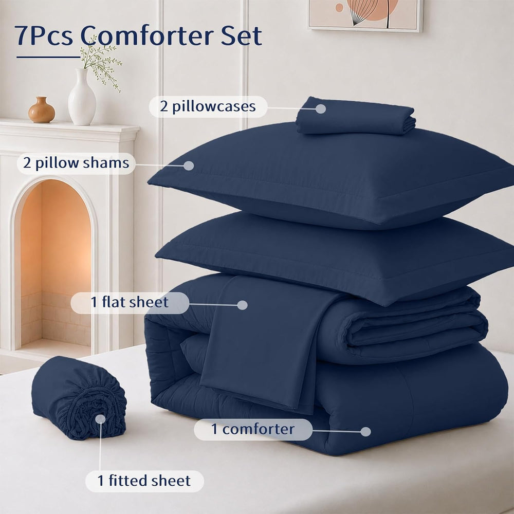FUANNA Full Size Comforter Sets 7 PCS, Navy Blue Bed Set, Soft Bed in a Bag