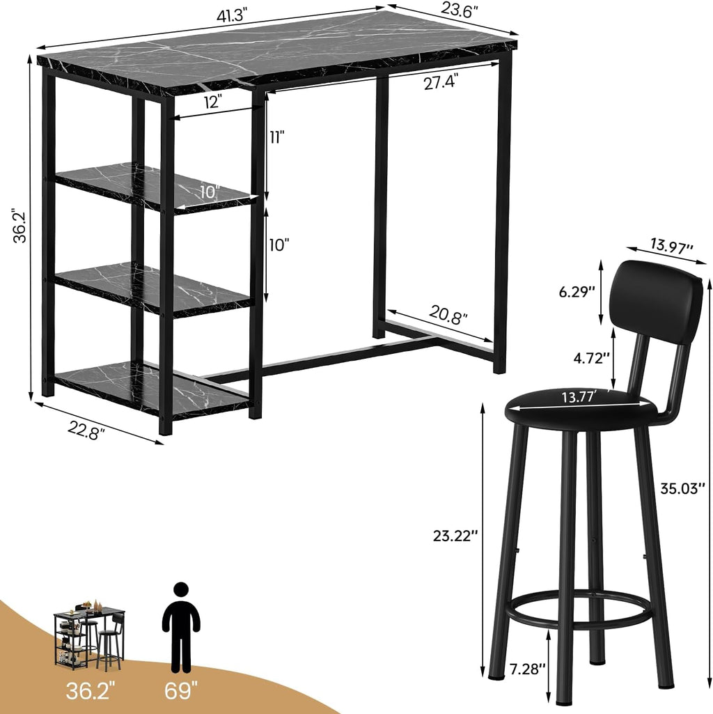 Kitchen Dining Table Set for 2, Bar Table and Chairs Set with 3 Storage Shelves, Tall Dining with 2 PU Leather Backrest Stools for Small Space, Kitchen Island, Apartment, Black