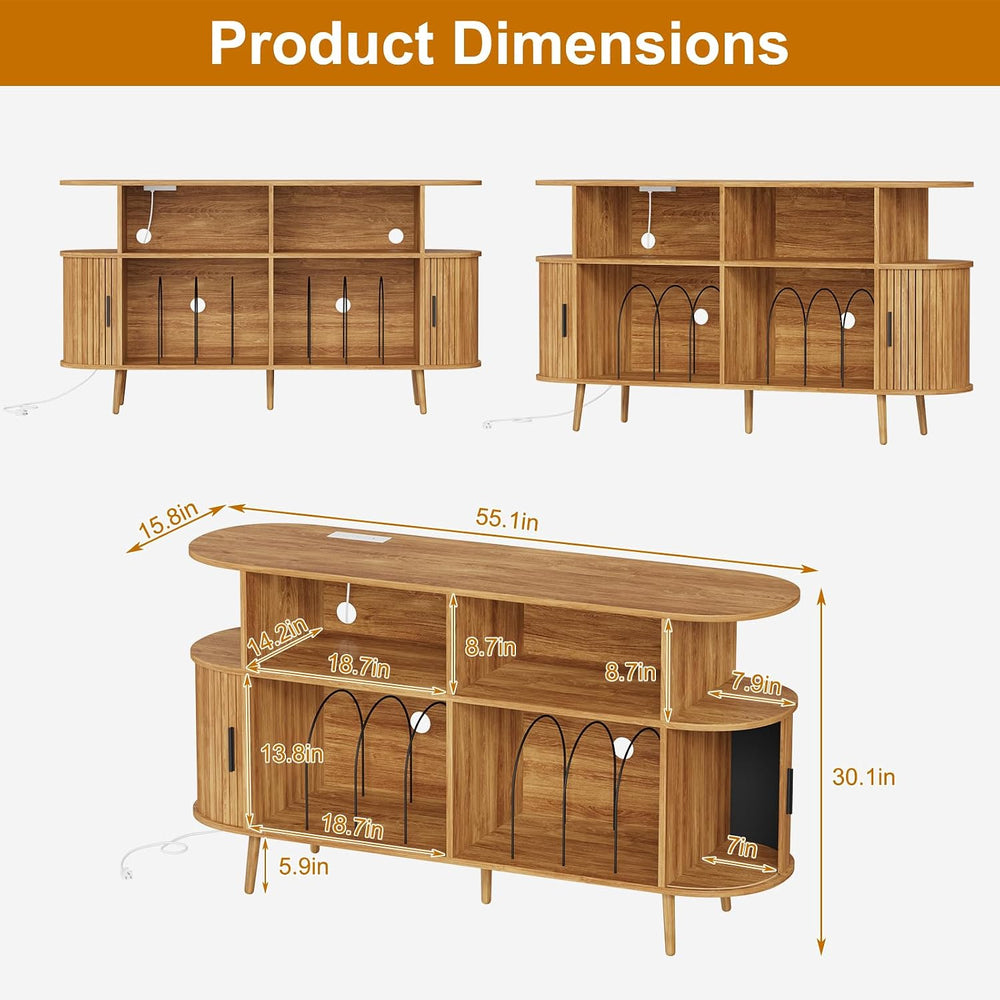 55.1" Large Record Player Stand with Charging Station,Natural