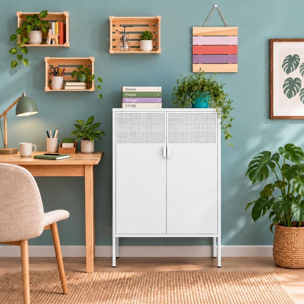 White Metal Storage Cabinet with 2 Doors, 47''H Locker Cabinet