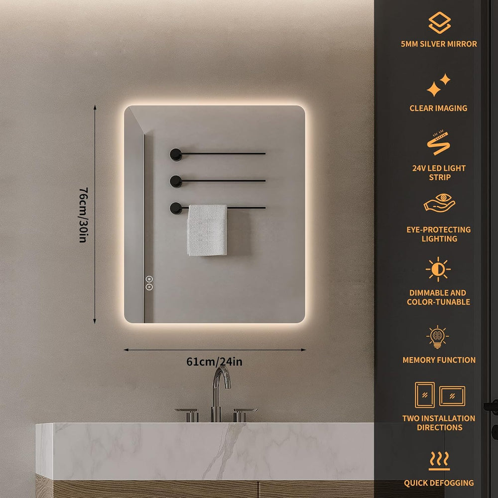 LAIYA 30 x 24 Inch Rectangular LED Bathroom Mirror, 24V Dimmable & Anti-Fog