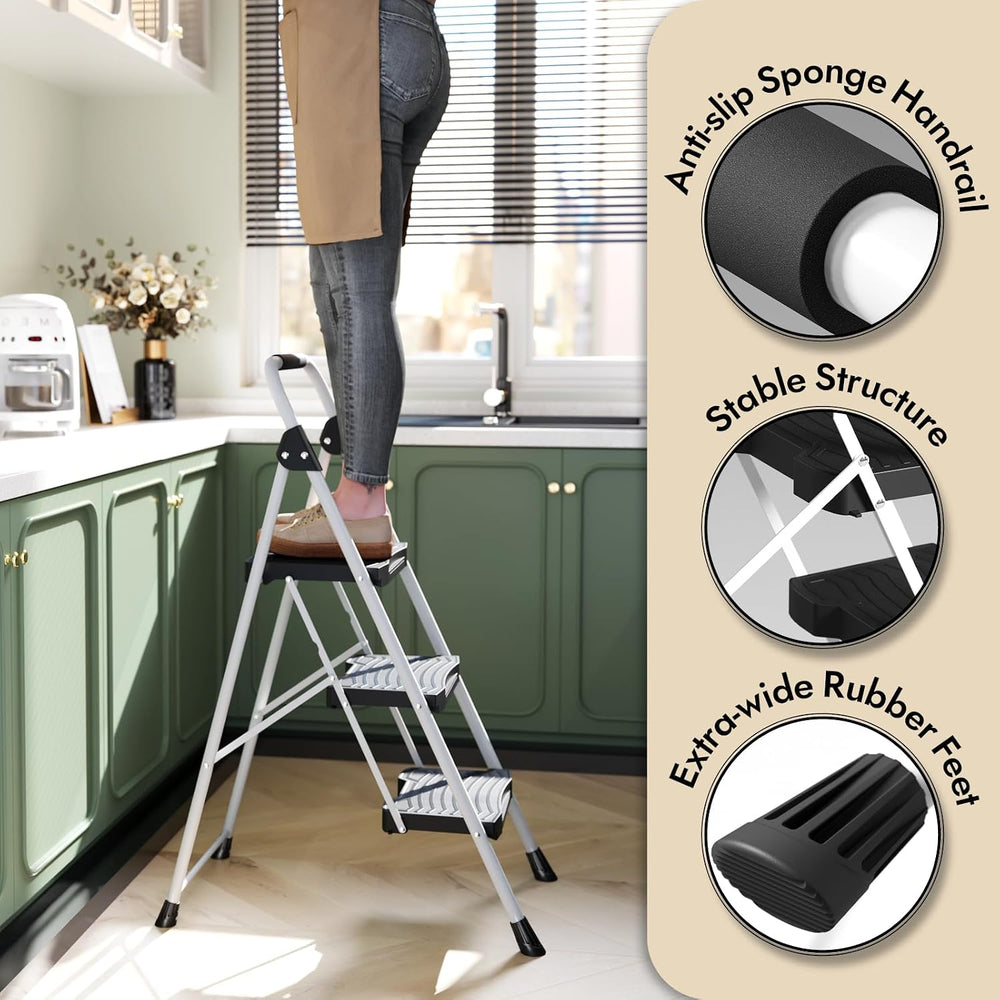 KINGRACK 3 Step Folding Ladder, 900 lbs Load Capacity, Non-Skid Large Pedals,...