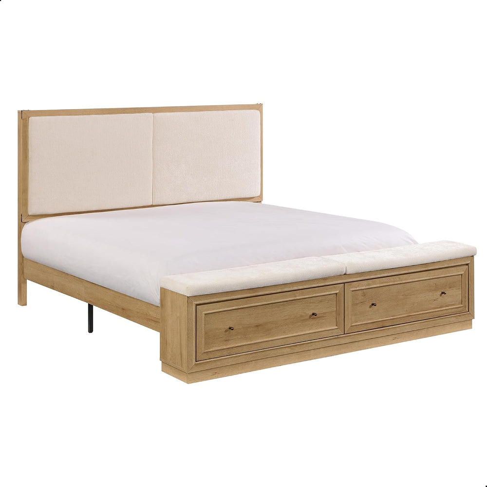 ACCOHOHO King Bed Frame w/Upholstered Headboard,Storage Bench,Natural Oak