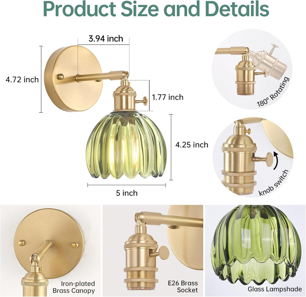 Shenmoyl Vintage Wall Sconces with Green Tulip Glass Lampshade 180 Degree Adj...