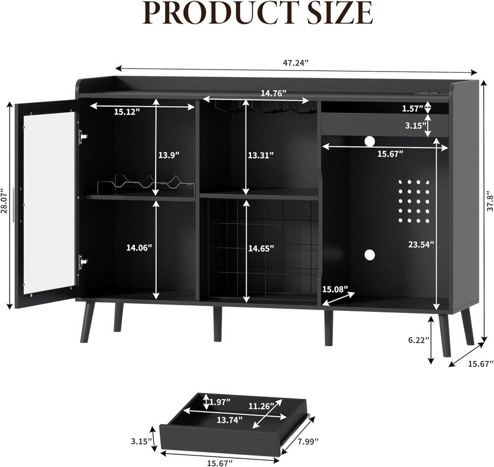 Coffee Bar Cabinet with Fridge Space, Black Wine Cabinets with Power Outlet