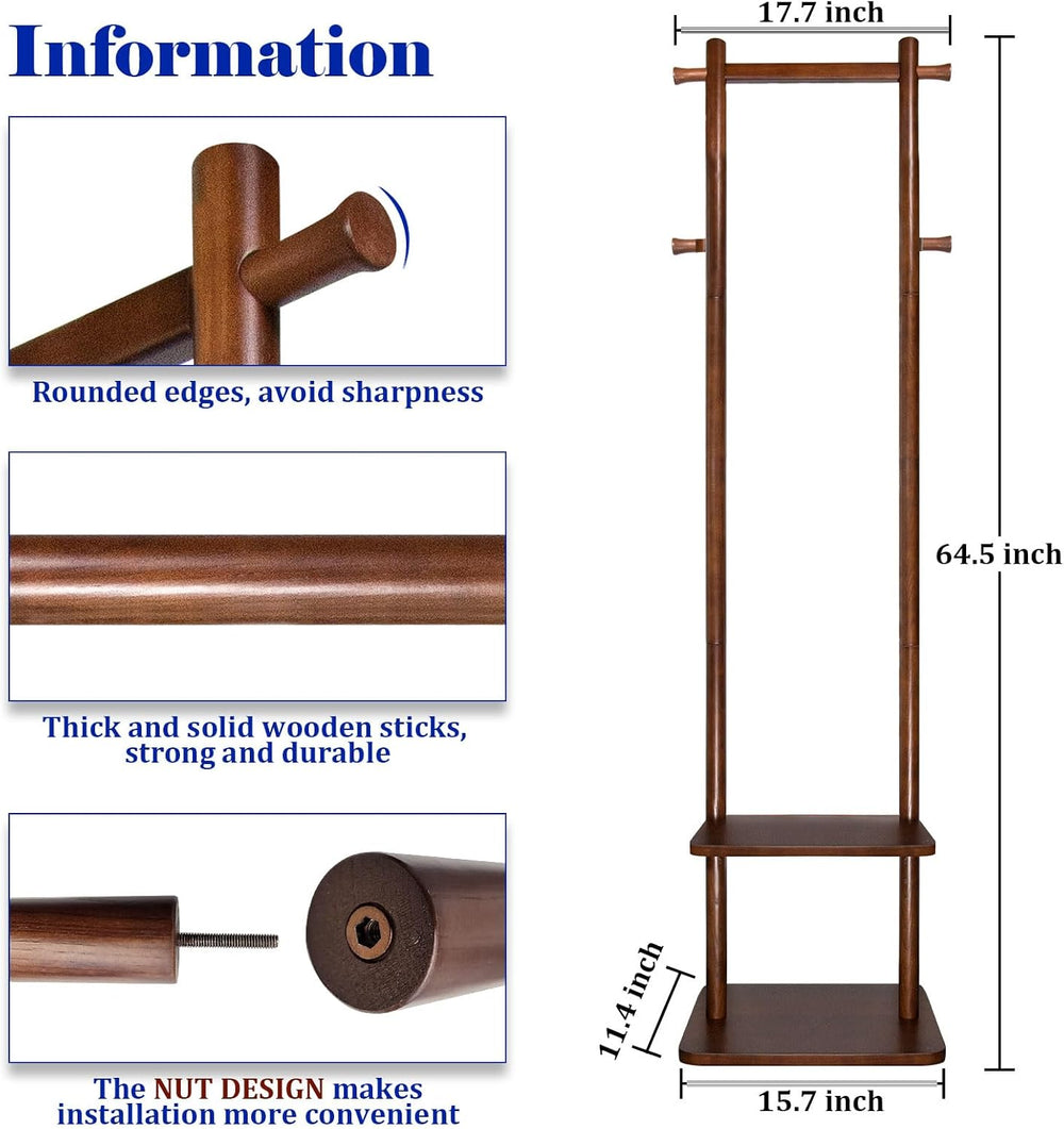 Solid Wood Coat Rack Freestanding,Clothing Tree Racks with 2-layer Shelves St...