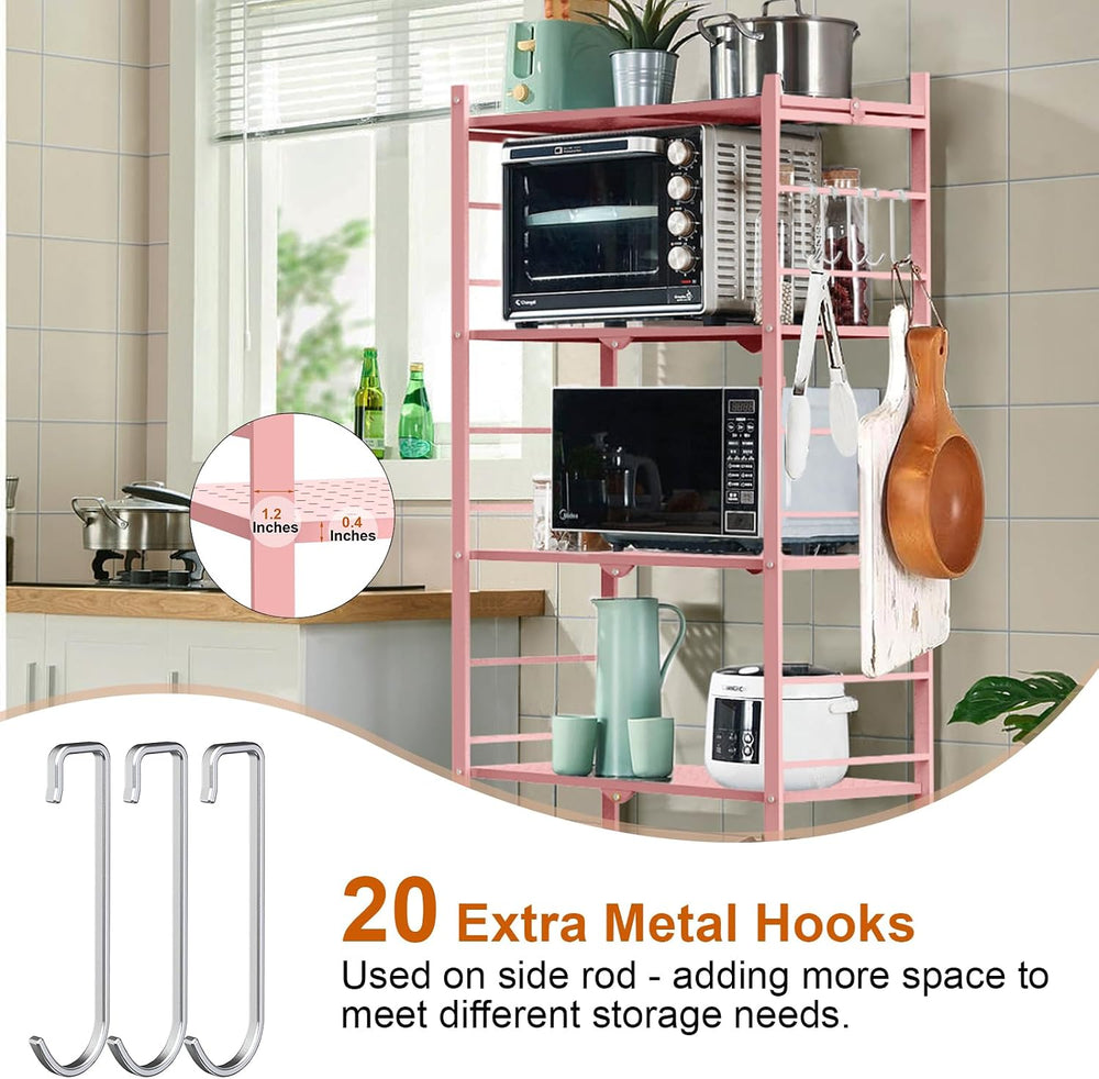 Himix 5-Tier Folding Storage Shelves with 20 Hooks Wheels Home Pink