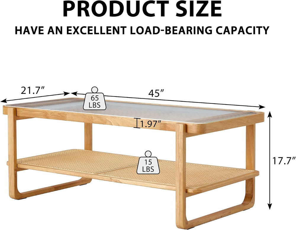 Rattan Coffee Table with Tempered Glass Top,Wood Coffee Table for Living Room...
