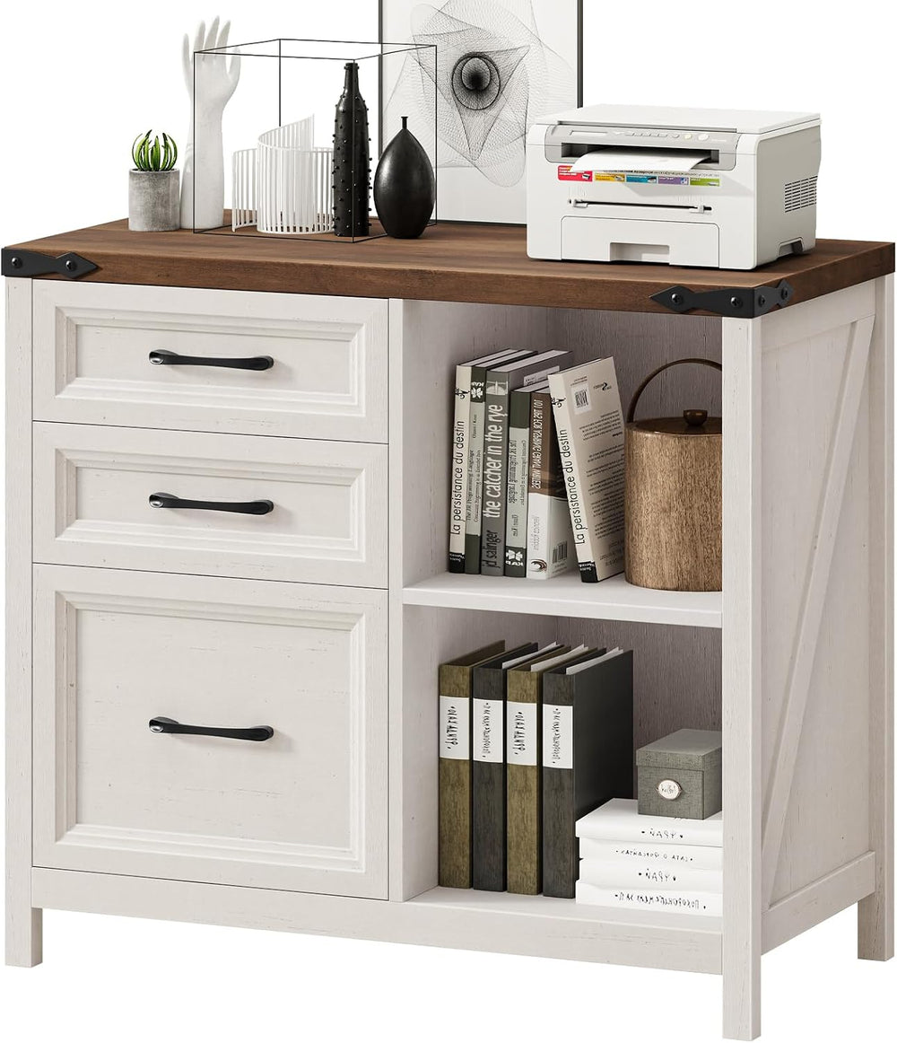 3 Drawers Farmhouse File Cabinet with Shelves, Rustic White and Brown
