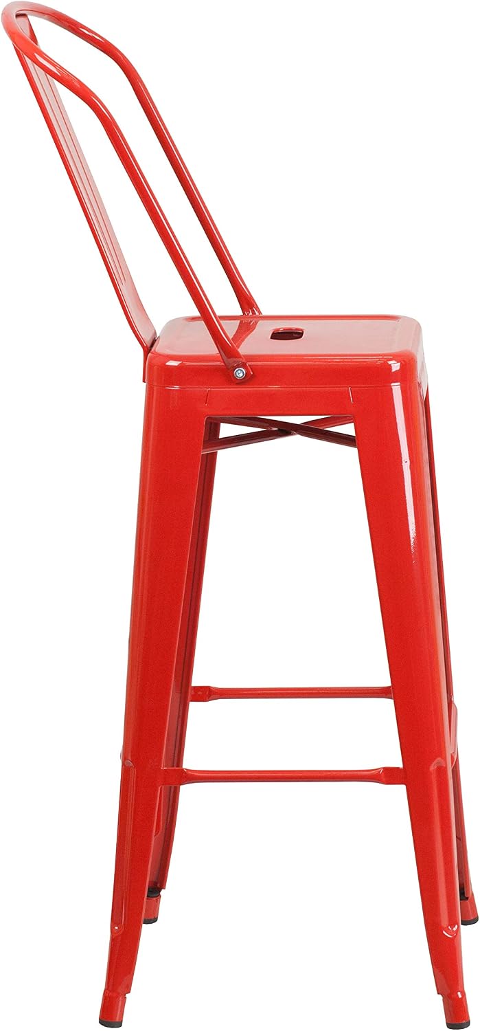 EMMA + OLIVER 30" Red Metal Indoor/Outdoor Barstool with Back, 4-Pack