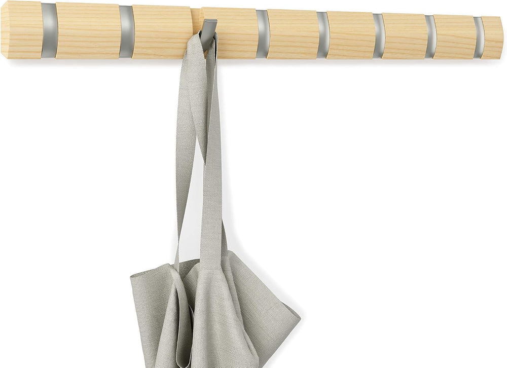 Umbra Flip Coat Rack, Wall Mount 8-Hook, Space Saving, Natural/Nickel
