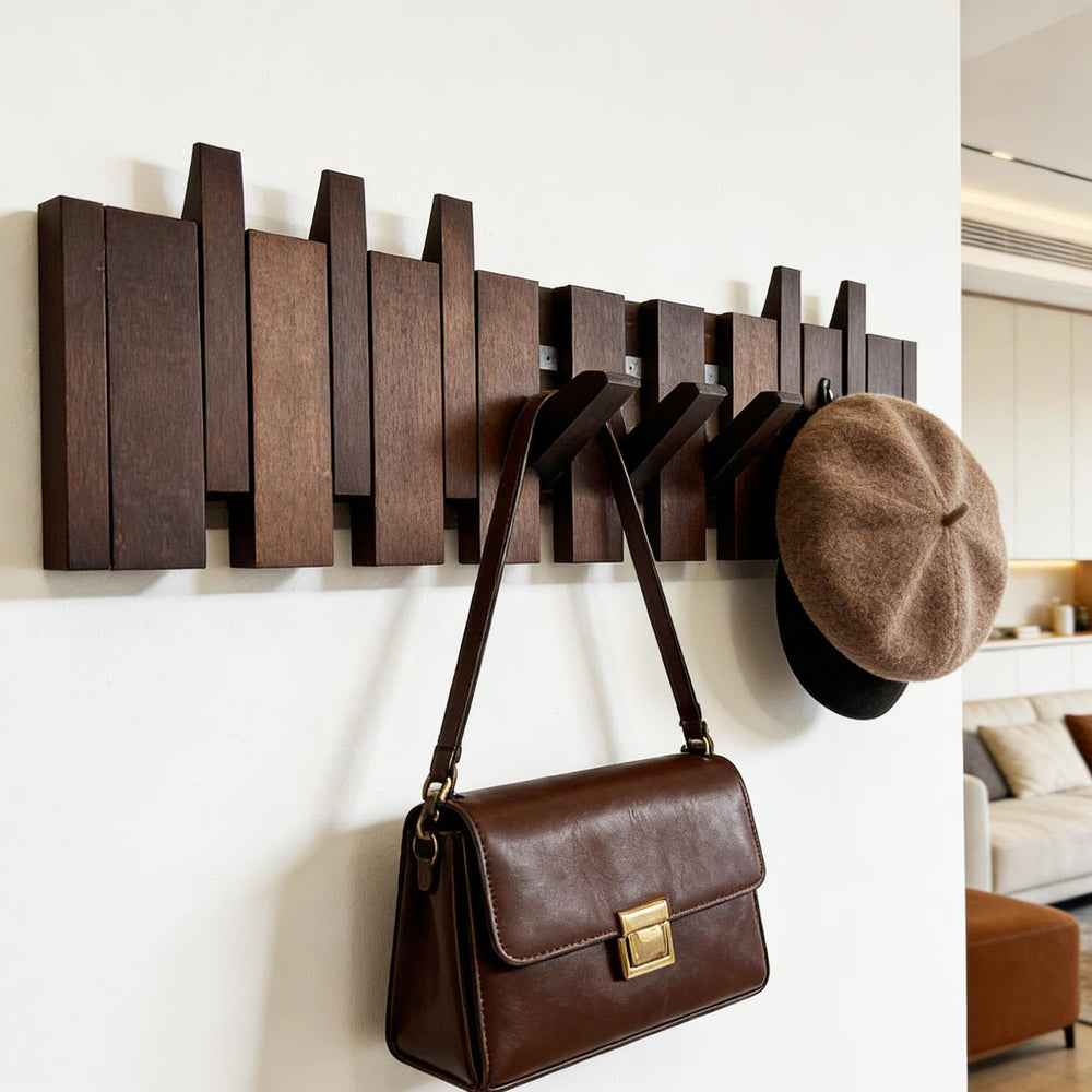 ArtBeek Walnut Wall Mounted Piano Key Coat Rack with 8 Hooks