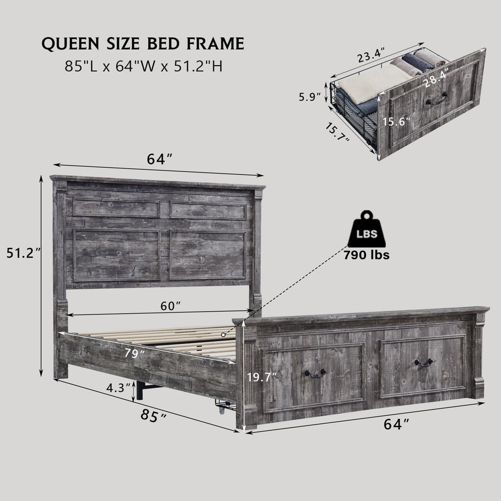 Aitjunz Farmhouse Queen Size Bed Frame w/51 Tall Headboard, Light Grey