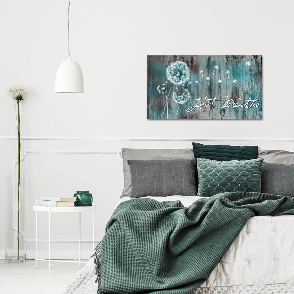 iHAPPYWALL Large Just Breathe Wall Art Abstract Teal Dandelion Flower Inspira...