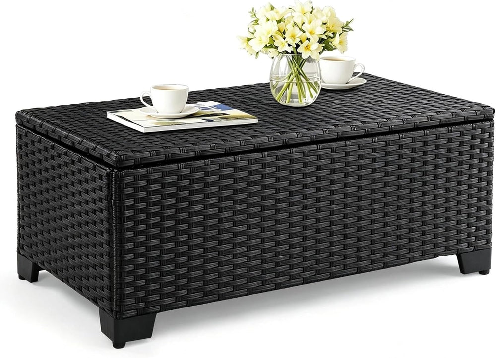 VINGLI Outdoor Coffee Table with Storage, All-Weather Wicker Patio Table for ...