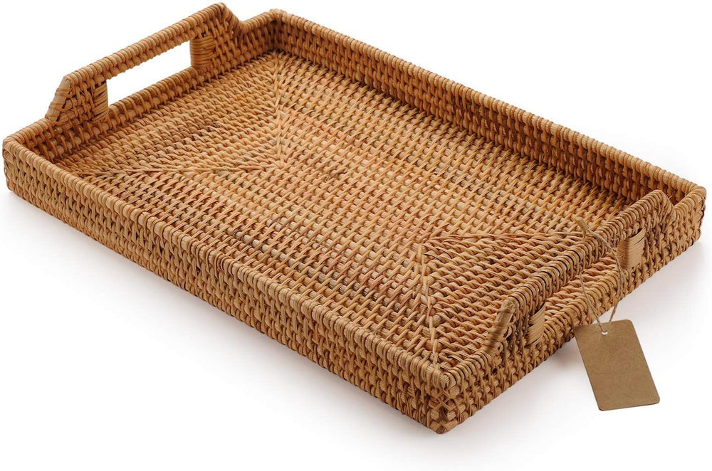 Hand-Woven Rattan Rectangular Serving Tray with Handles for Breakfast, Drinks...