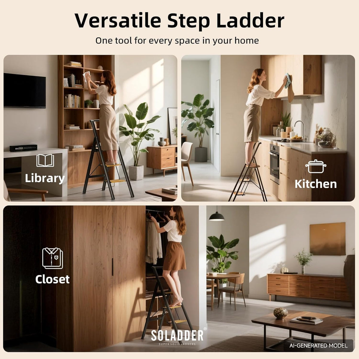 SOLADDER Folding 3 Step Ladder with Handrails,Foldable Step Stool