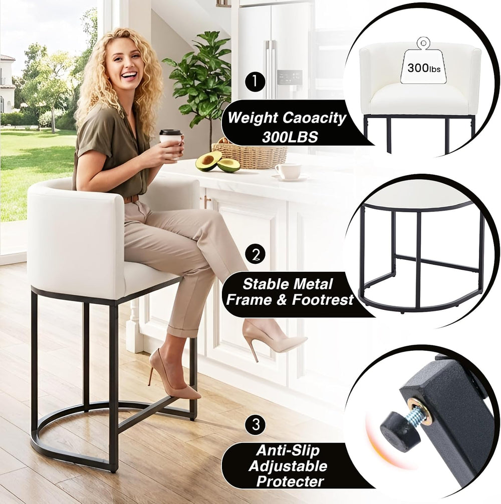 HNY White Modern Barrel Counter Height Bar Stool, 24 Inch PU Leather Kitchen ...