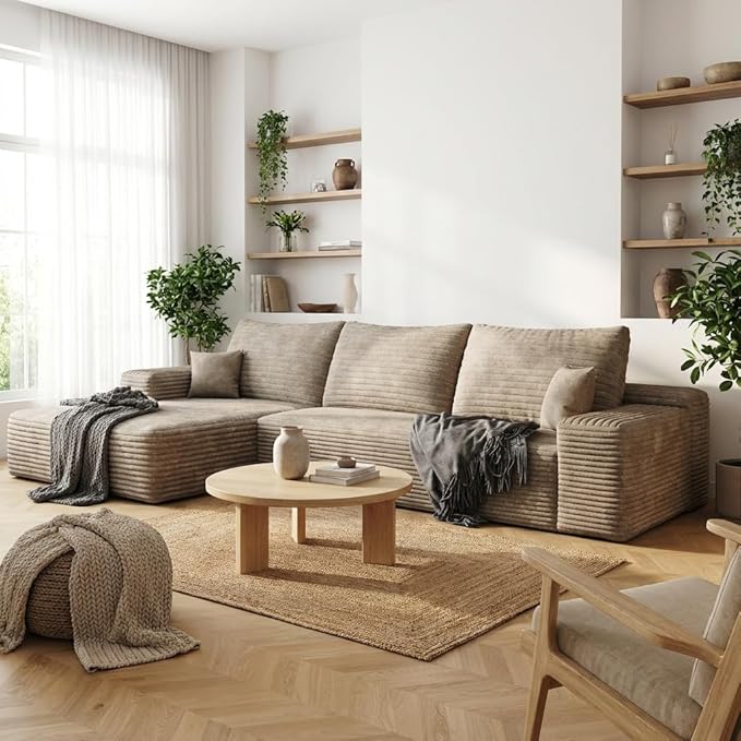 Eafurn Oversized L-Shaped Modular Sectional Sofa with Chaise, Fluffy Corduroy Upholstered Couch with Deep Seat, Minimalist Flexible Combination for Living Room | Breathable material, Full Foam, Anti-slip