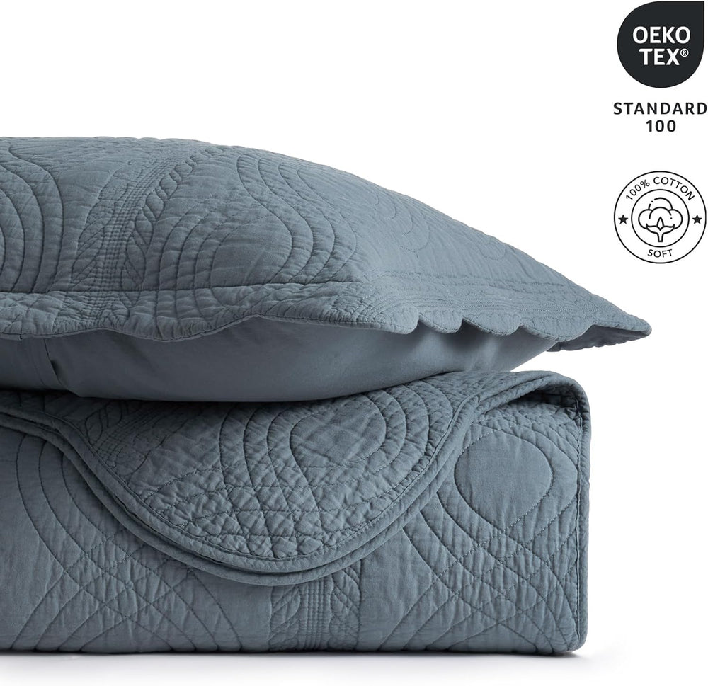 EverGrace 100% Cotton Scallop Quilt Set, King Size, Stormy Blue