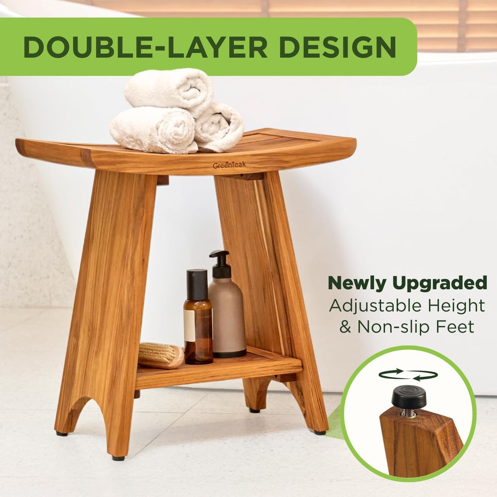 Premium 18" Teak Shower Bench, Non-Slip Safety, 2-Tier - Curved