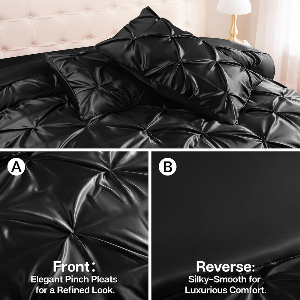 MR&HM Satin Queen Comforter Set Black, 7-Piece Pintuck Bed in A Bag