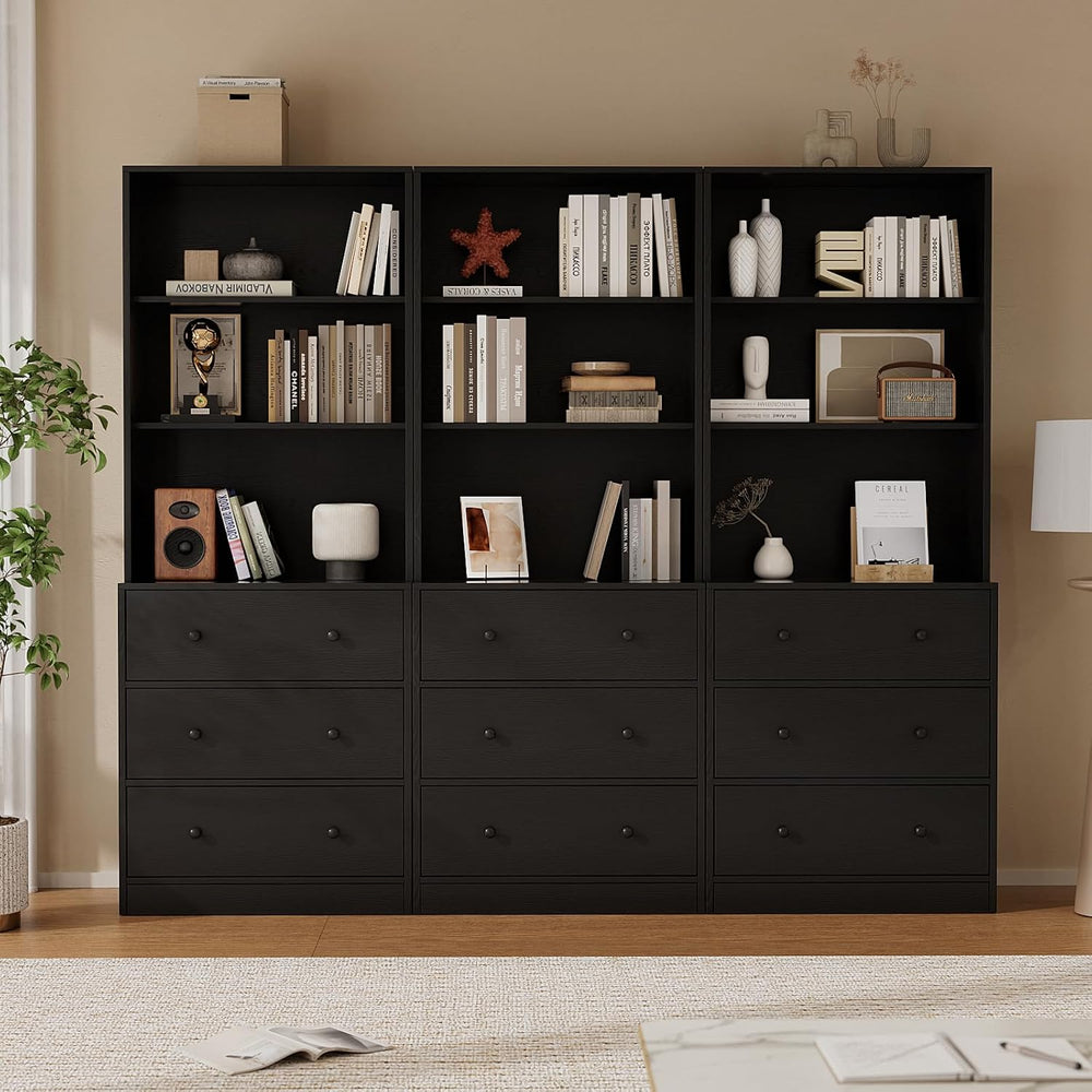 TUSY 71'' Wood Bookshelf with 3 Drawers (3, Black)