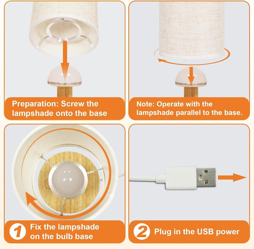 Touch Bedside Table Lamps Set of 2 with Stepless Dimming, USB Powered