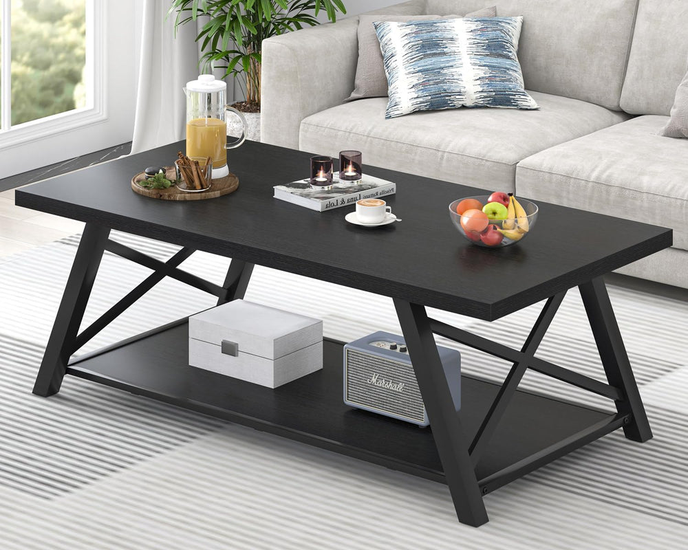 EXCEFUR Black Coffee Table, Modern Wood and Metal Center Table with Storage S...