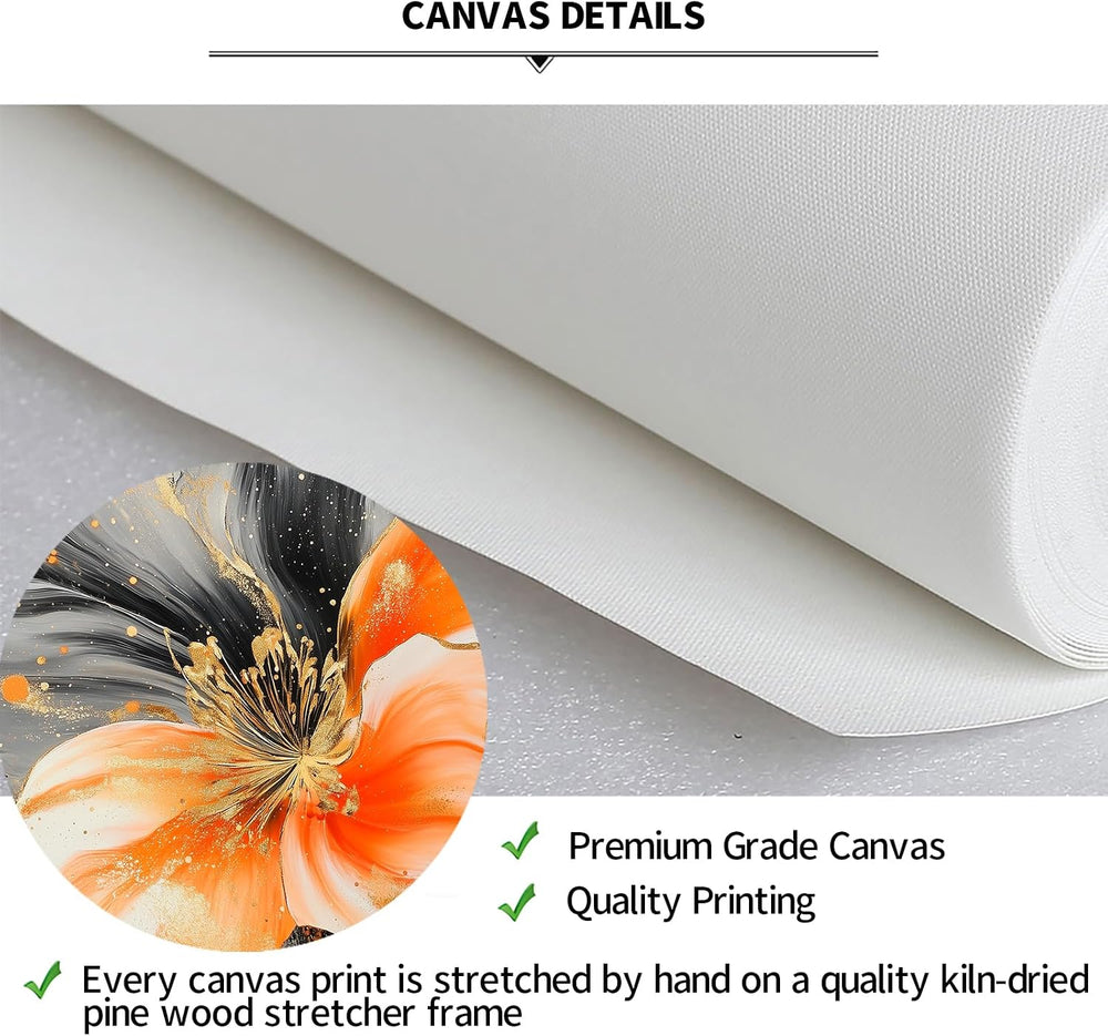 3 Piece Orange and Grey Abstract Flower Canvas Wall Art with Black Frame