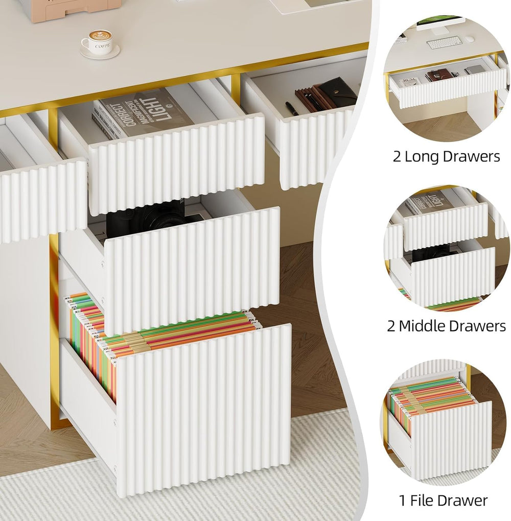 4 EVER WINNER 78" Two Person Computer Desk with 5 Drawers, White and Gold