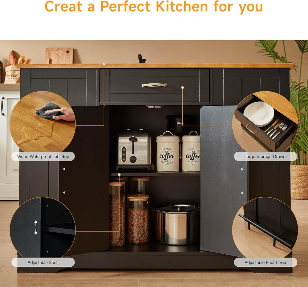 ONBRILL 47" Kitchen Island with Trash Can Storage, Include 2 Chairs, Black