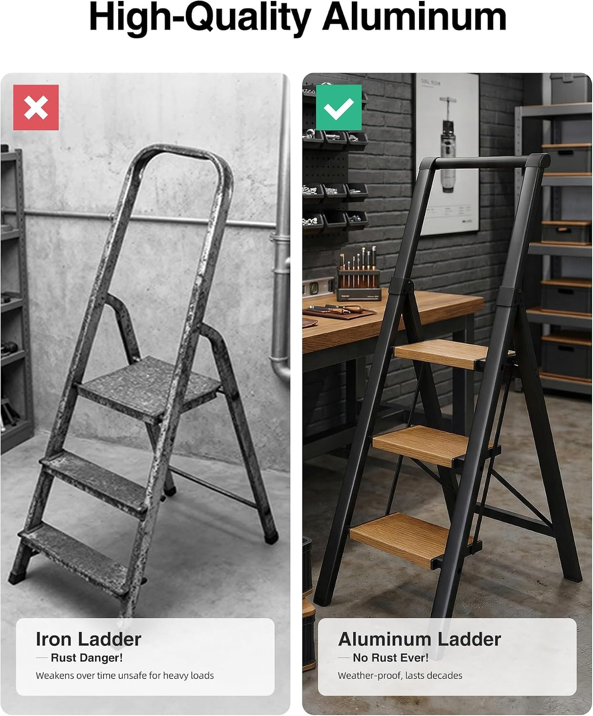 3 Step Ladder,Folding Step Stool with Aluminum Wide Pedal& Convenient Handgrip,330lbs Capacity Steel Ladder for Household and Office(Black &Woodgrain)