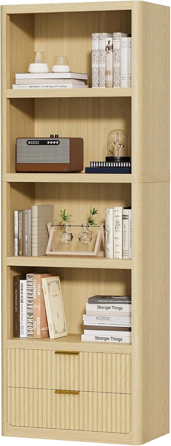 YESHOMY 79" Tall Wooden Bookshelf with Drawers, Modern Fluted Bookcase w...