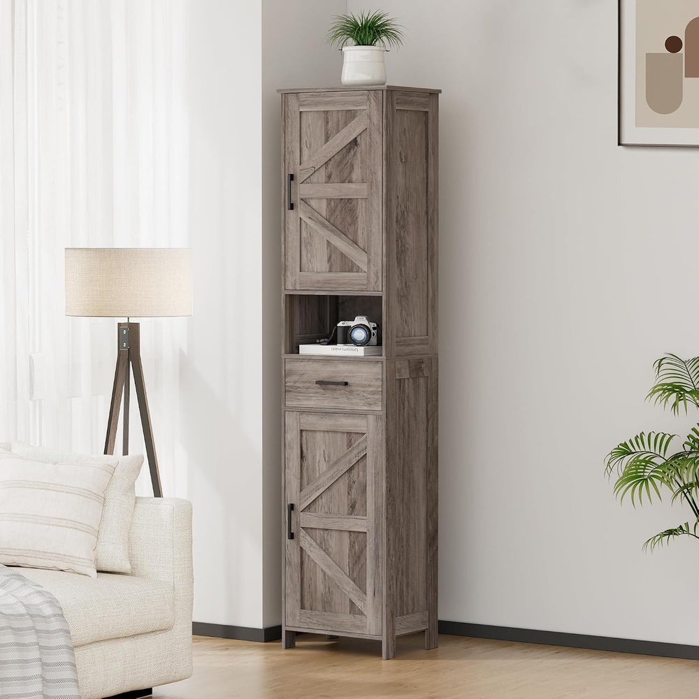Homhedy 67" H Tall Bathroom Storage Cabinet with Barn Doors and Drawer