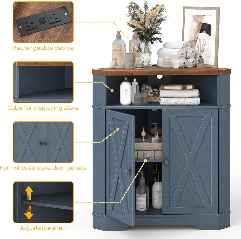 Halitaa Small Corner Storage Cabinet with USB Ports and Outlets, Blue