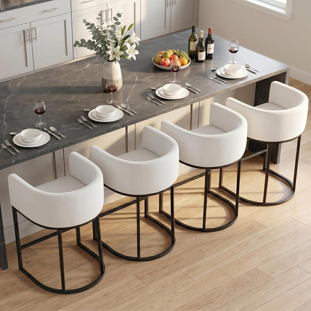 Counter Height Bar Stools Set of 4, 24 Inch Seat Height Barstools for Dining Room, Fabric Upholstered Bar Chair for Kitchen Island, Linen Counter Stools with Metal Legs, White