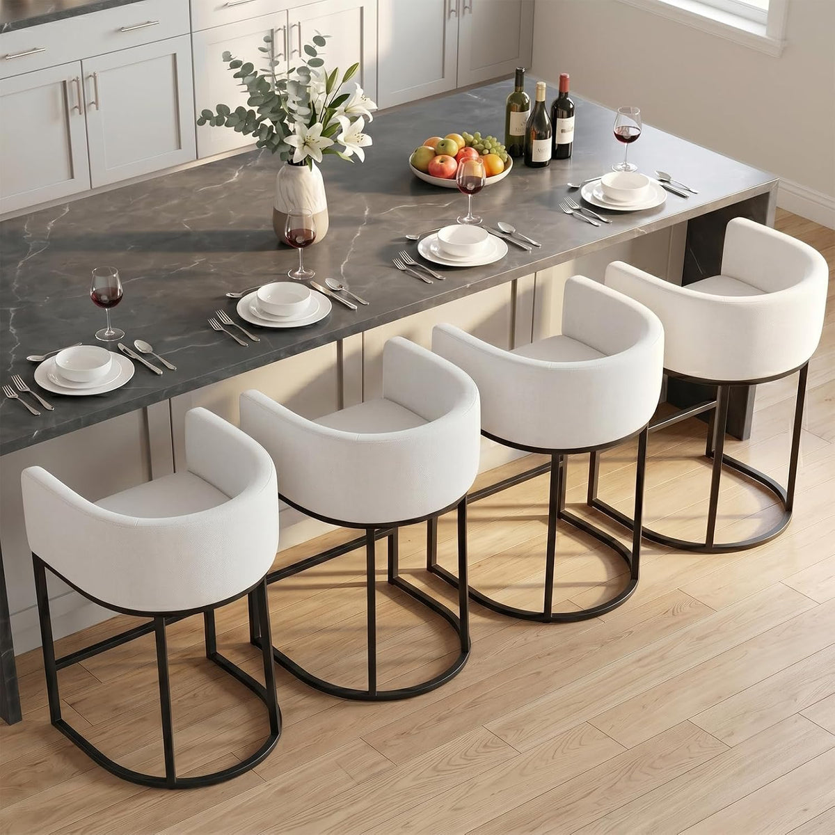 Counter Height Bar Stools Set of 4, 24 Inch Seat Height Barstools for Dining Room, Fabric Upholstered Bar Chair for Kitchen Island, Linen Counter Stools with Metal Legs, White