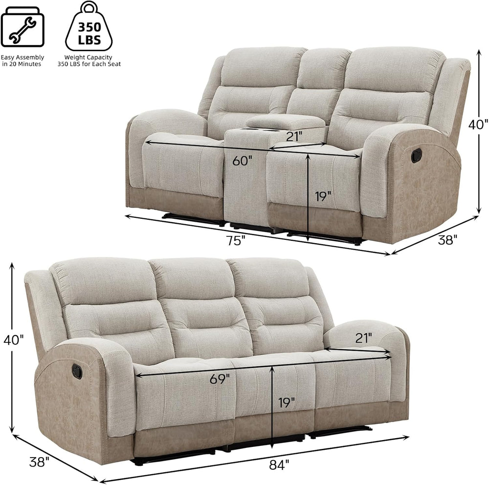 EBELLO 2 Piece Manual Recliner Sofa Set, 1 Loveseat with Center Console, Hidd...